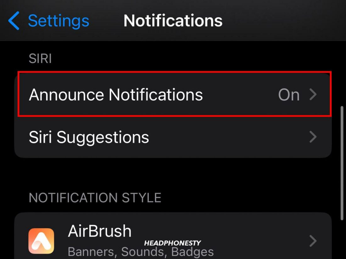 Announce Notifications settings on iOS under Siri