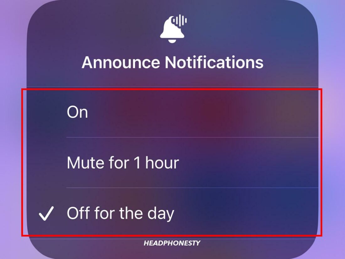 Selecting to turn off Announce notifications for the day
