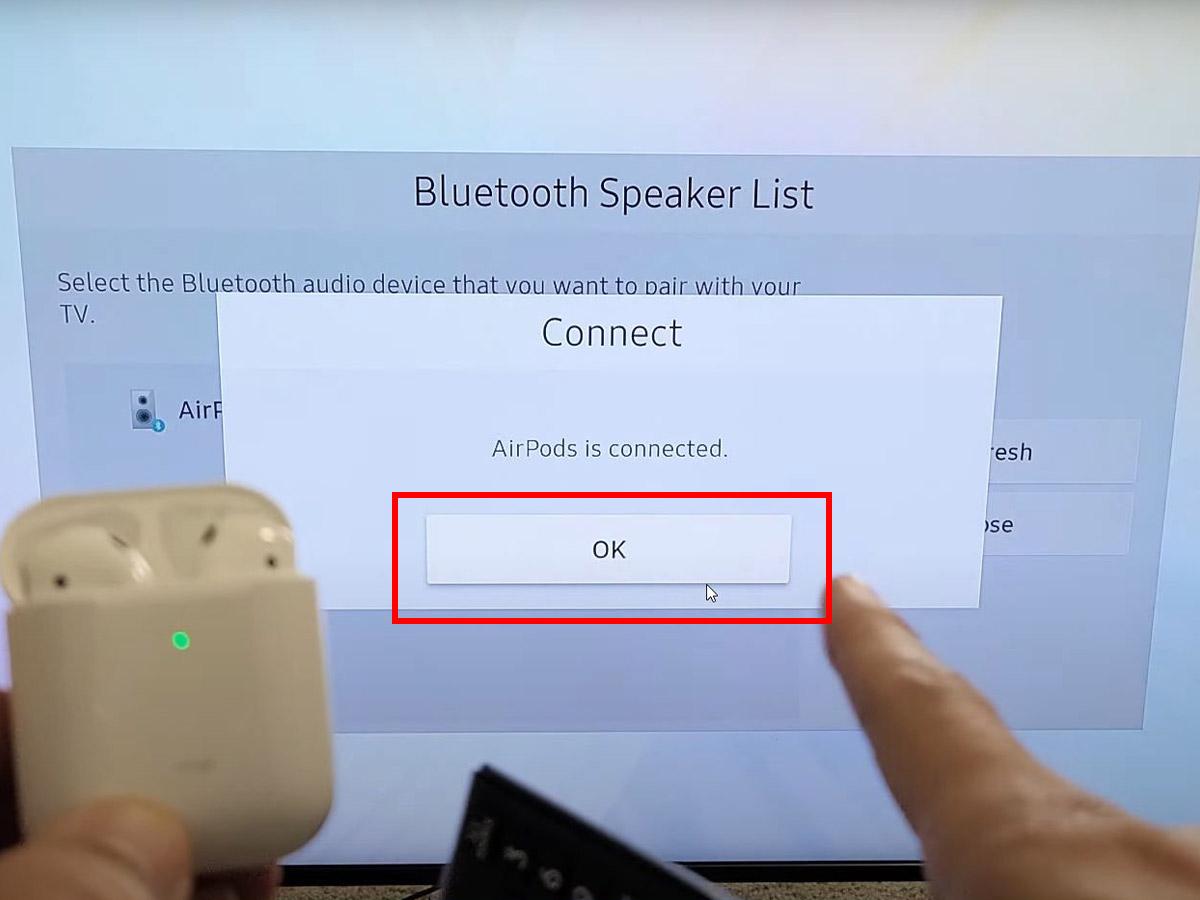 Confirming connection of AirPods to Smart TV (From: Youtube/WorldofTech)