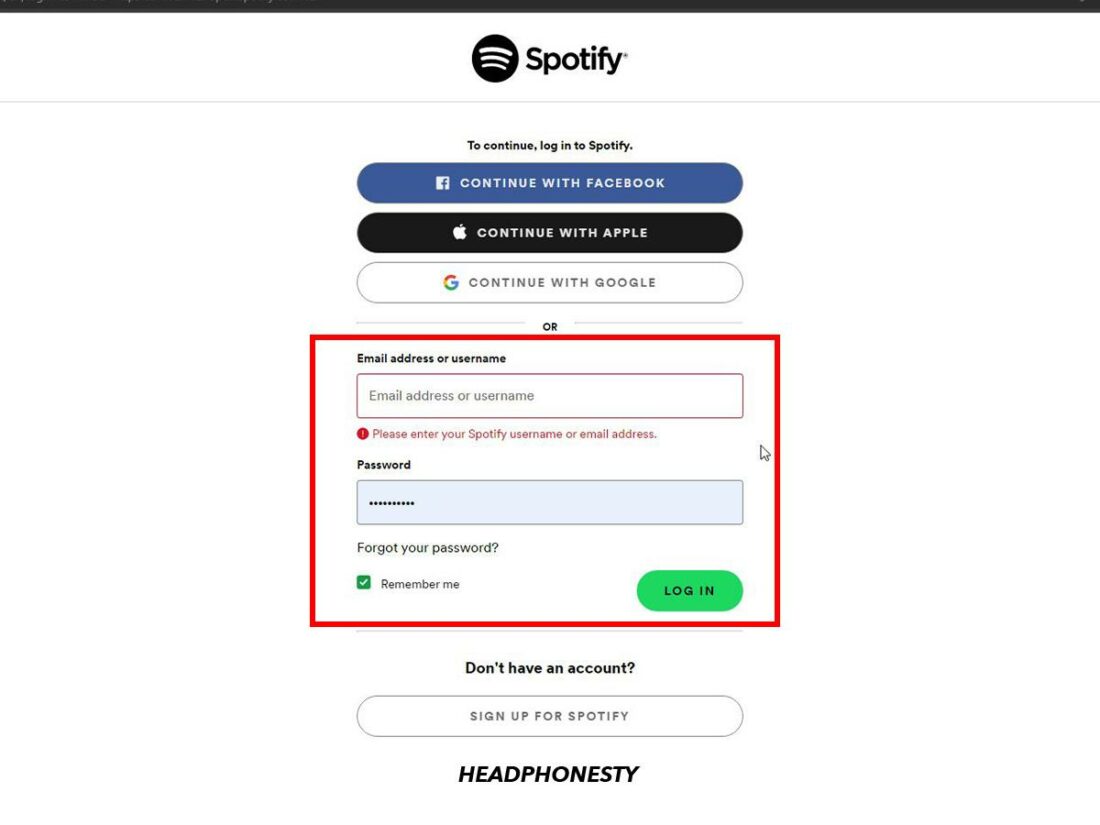 Spotify's Log-in page