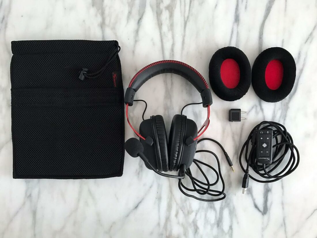 Headset, carrying case, audio cable, detachable microphone, USB control box, airplane adapter & extra ear cushions.
