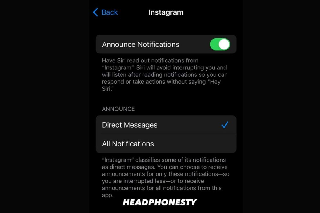 Select what Siri should announce from Instagram app
