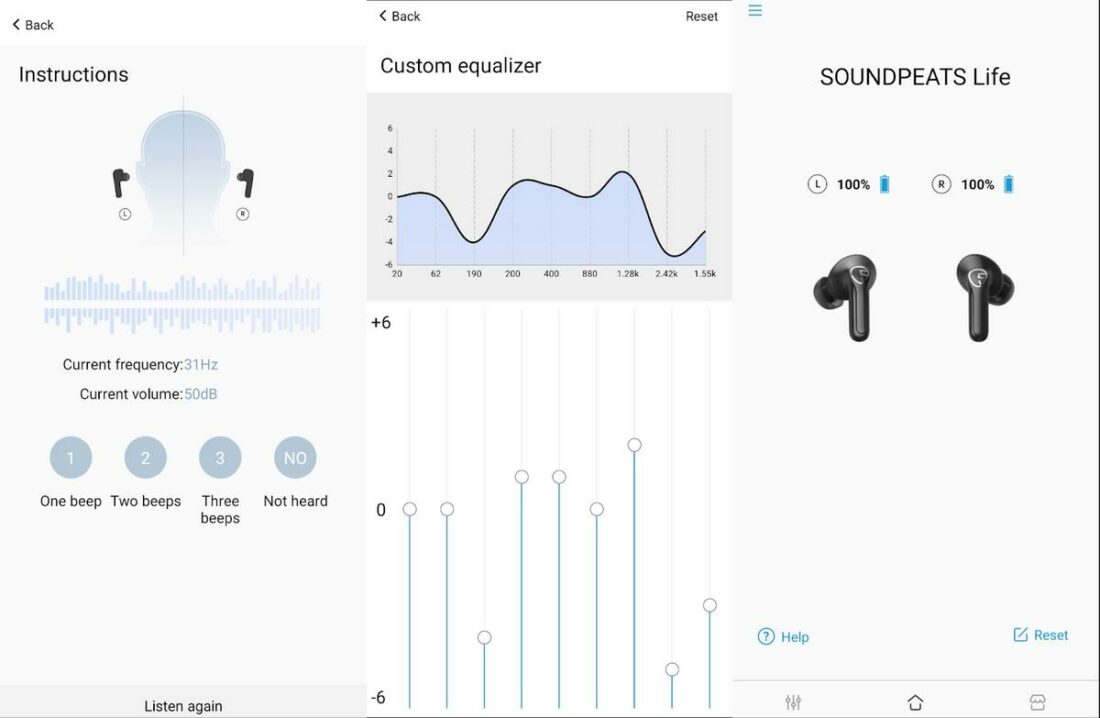 Left: the confusing adaptive EQ section; middle: my custom EQ settings; right: the home screen, showing battery levels for each earphone