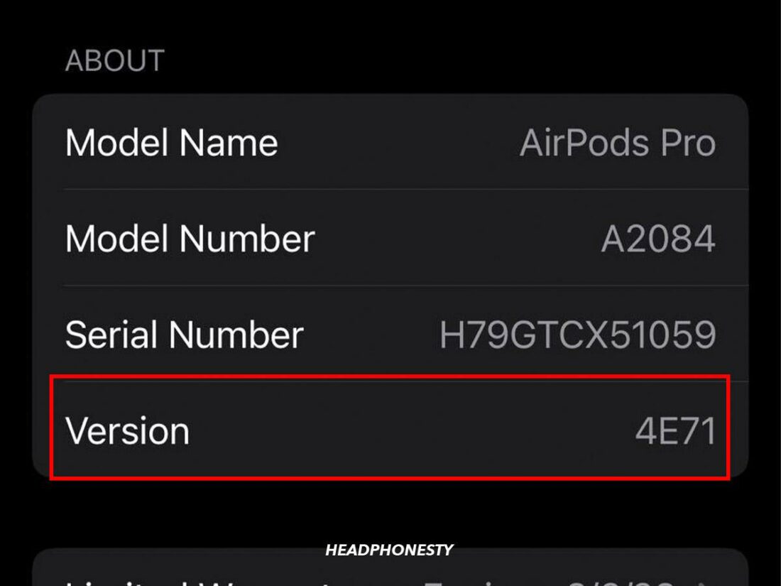 AirPods' firmware version.
