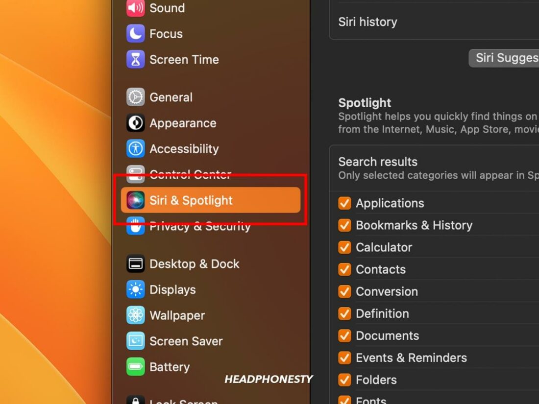 Siri & Spotlight highlighted.
