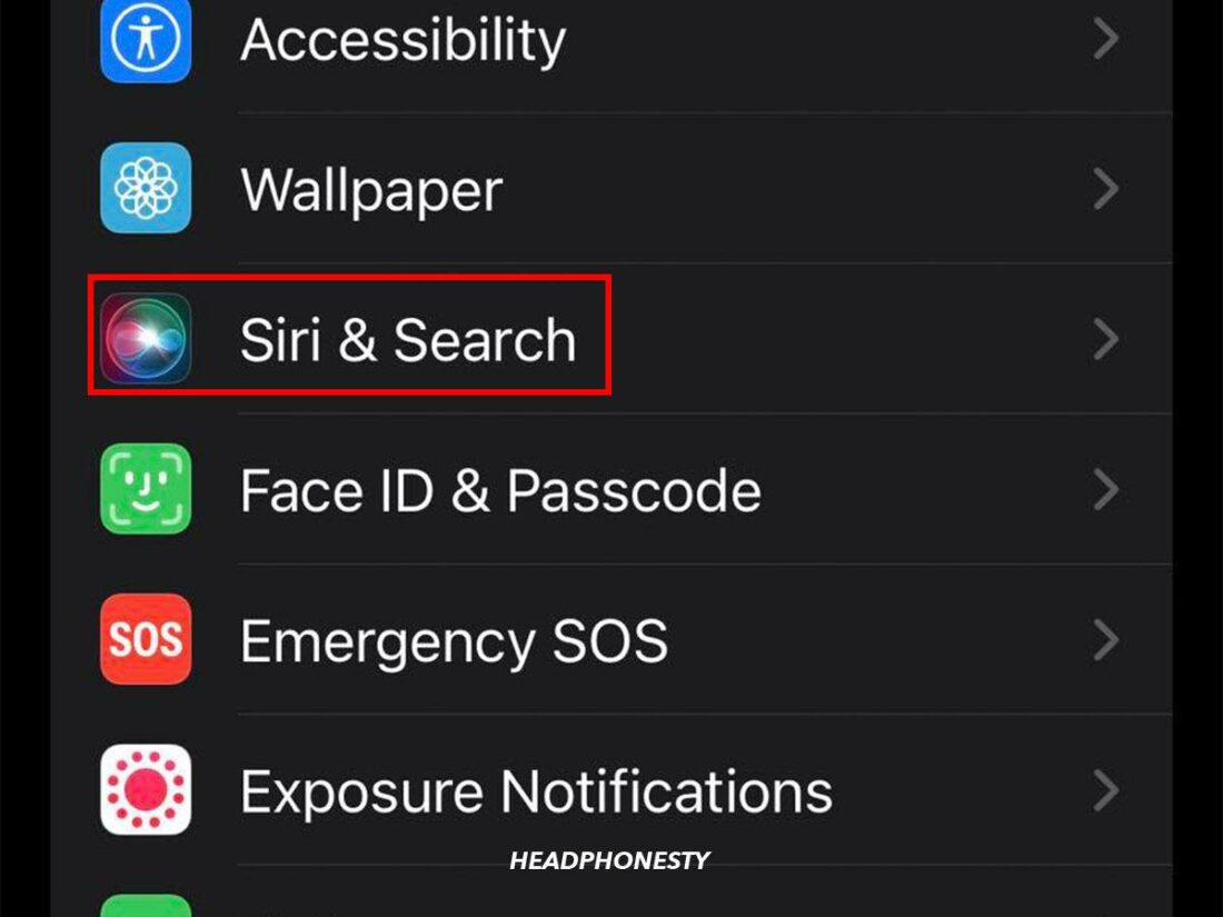 Siri and Search highlighted.