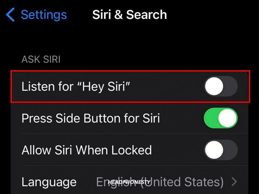 Listen for Hey Siri toggle switch.