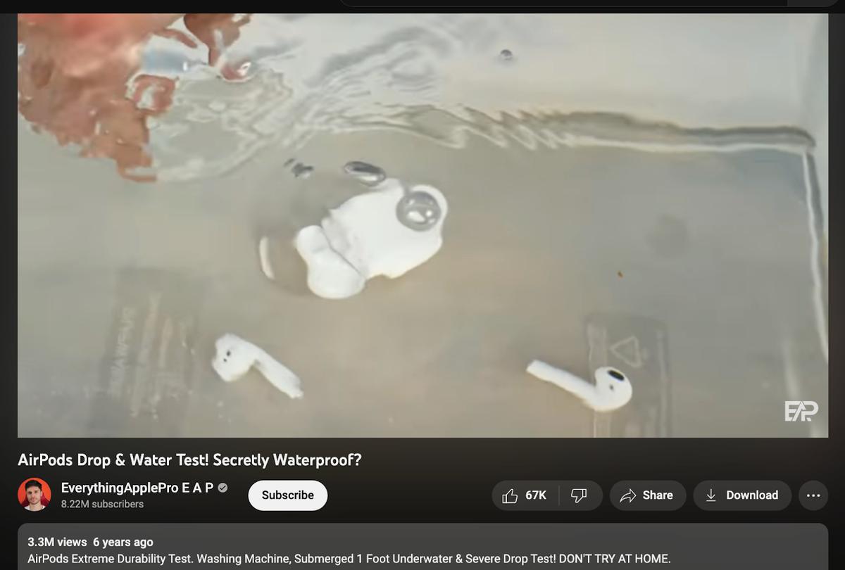 Submerging AirPods underwater to test their water resistance (From: Youtube/EverythingApplePro E A P)