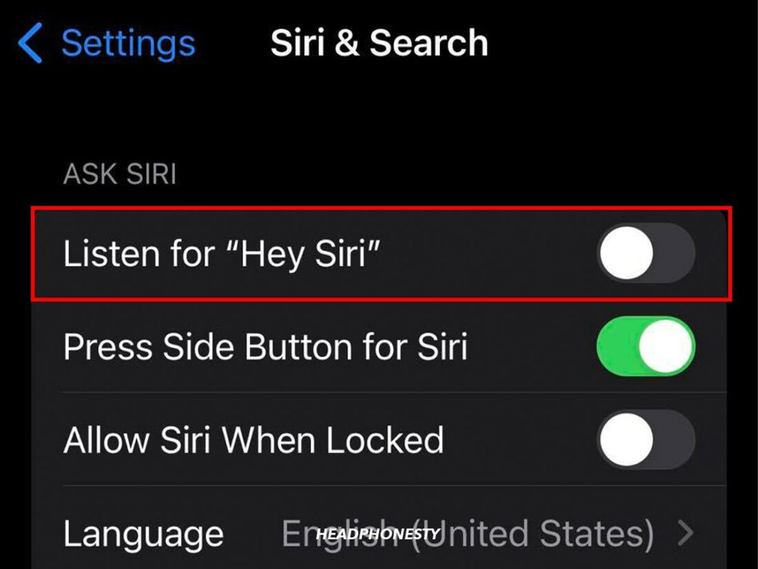 Listen for Hey Siri toggle switch.