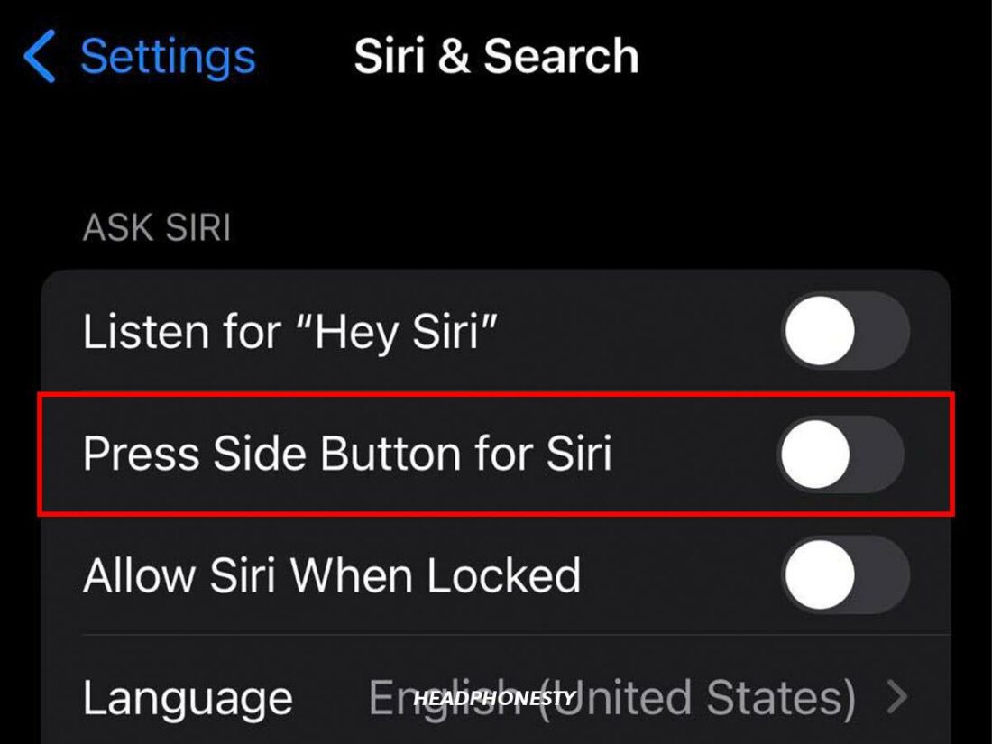 Press Side Button for Siri toggle switch.