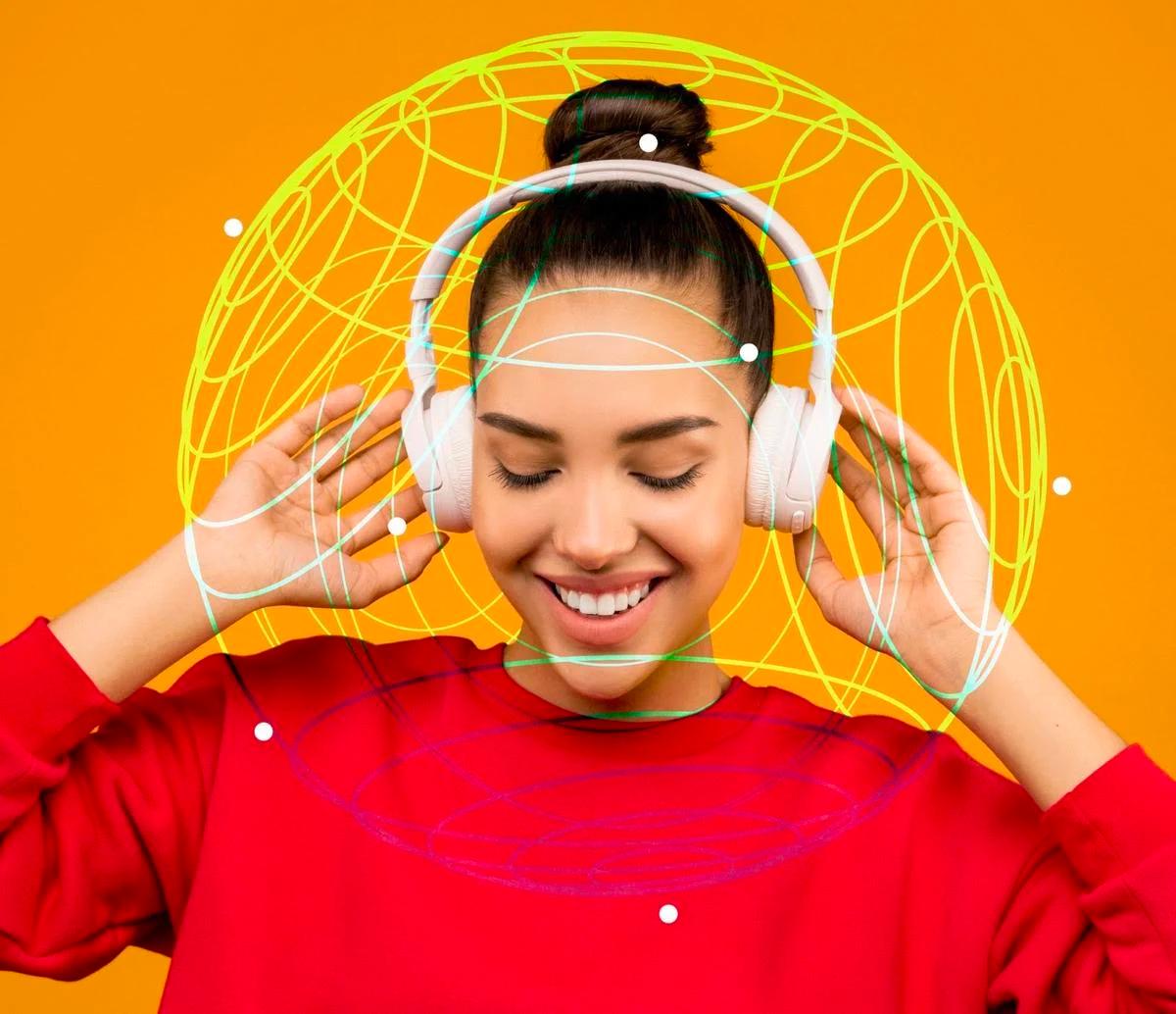 Woman enjoying spatial sound in headphones