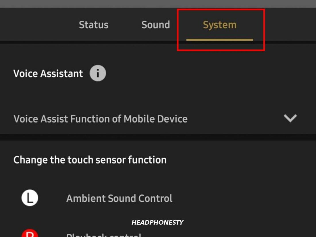 System tab on Headphones Connect app
