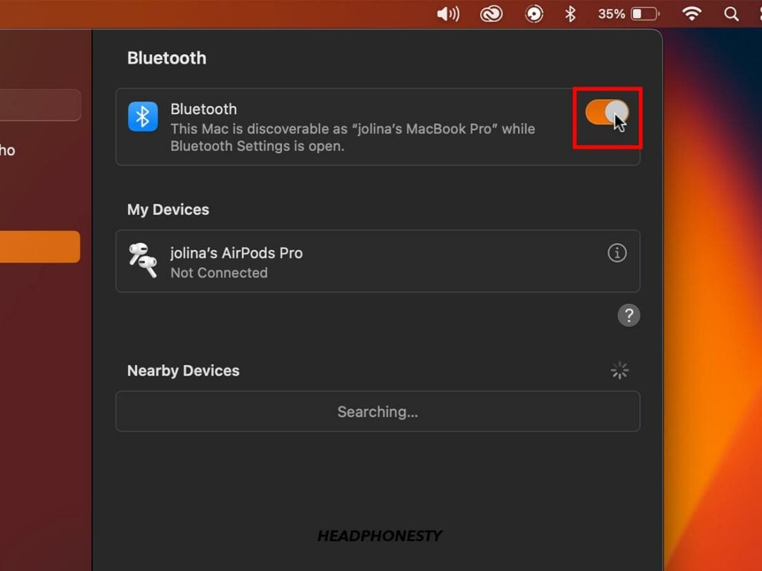 Turning on Bluetooth via the toggle switch