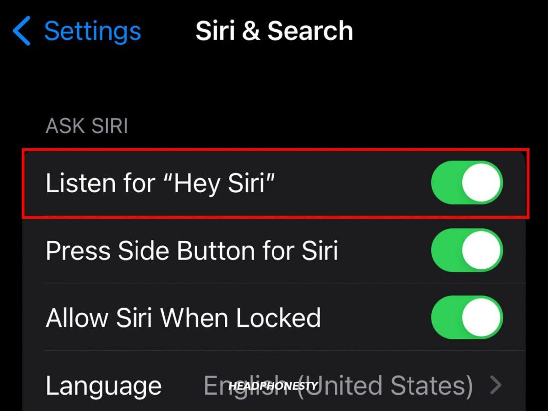 Listen for Hey Siri toggle switch