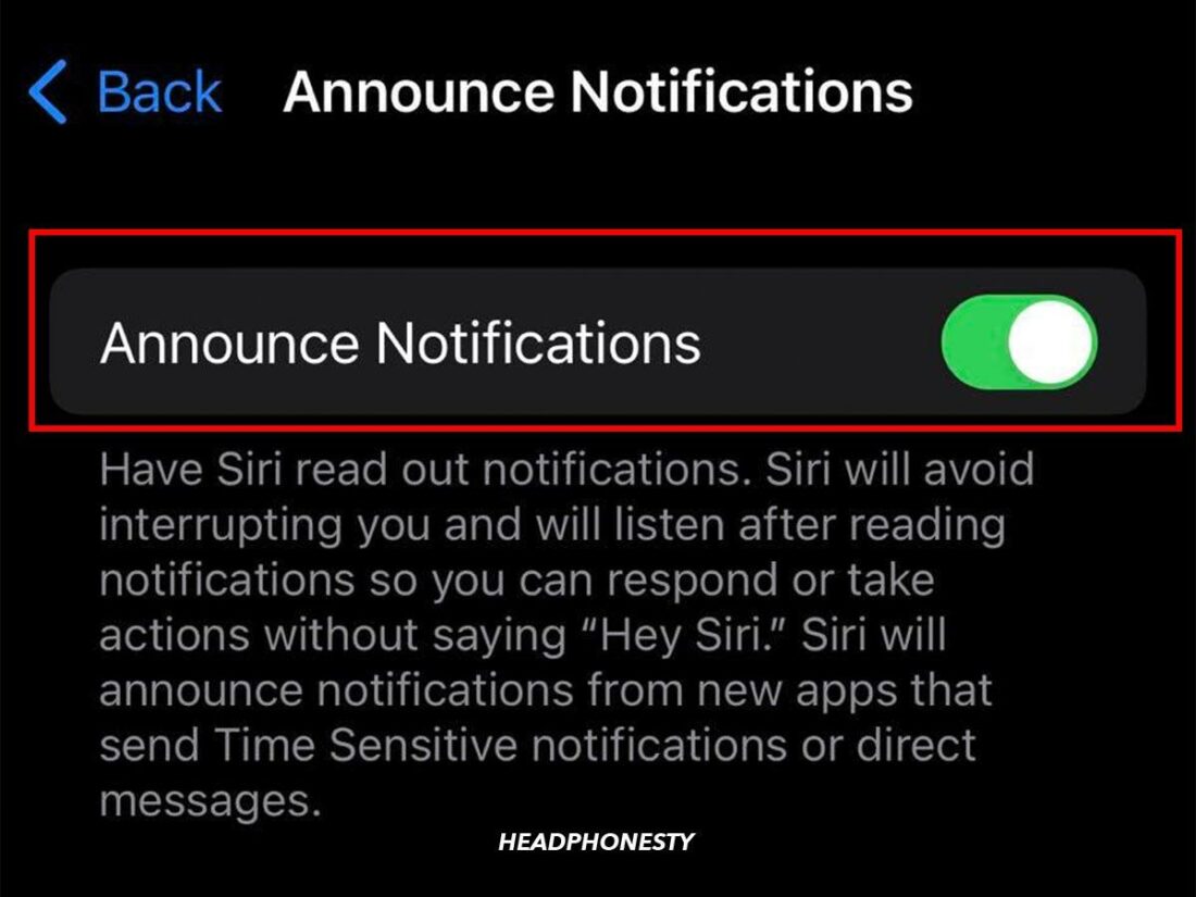 Announce Notifications toggle switch