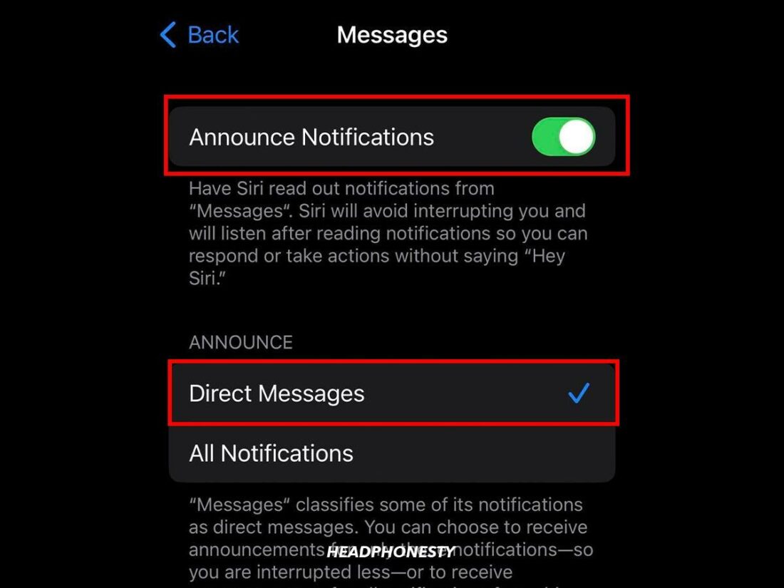 Announce Notifications toggle switch and Direct Messages