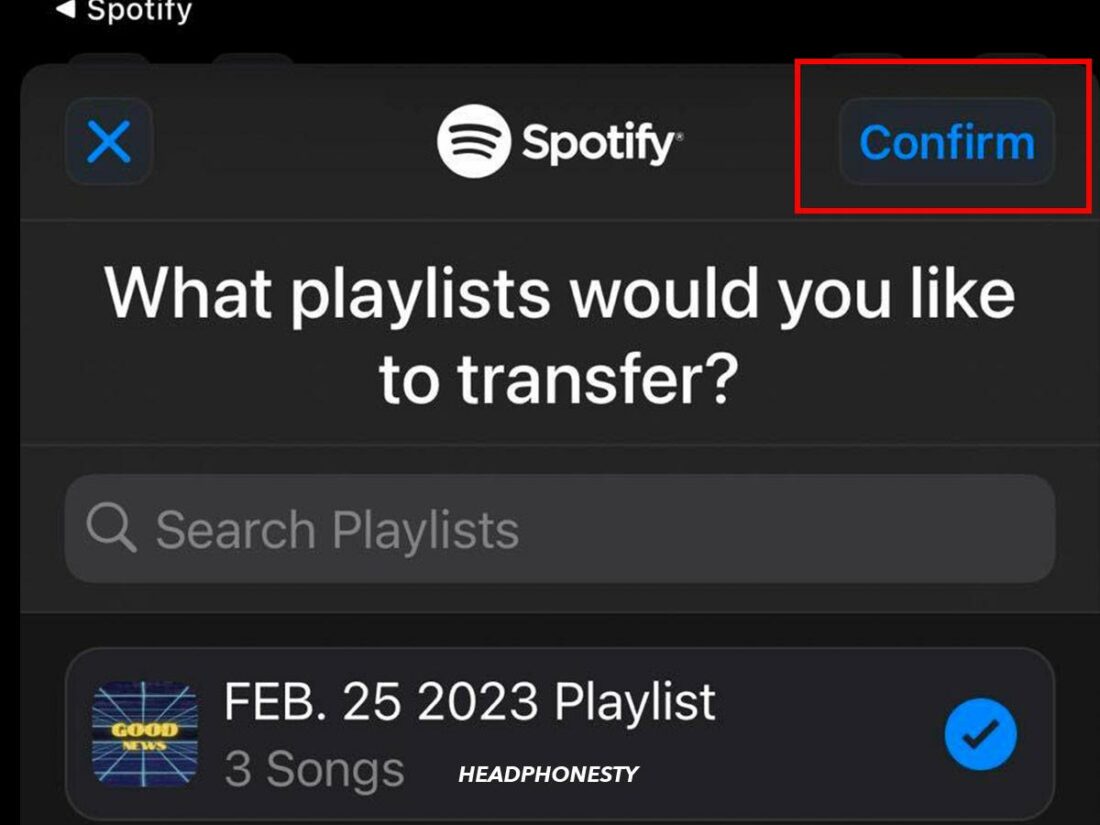 Confirming transfer of playlists