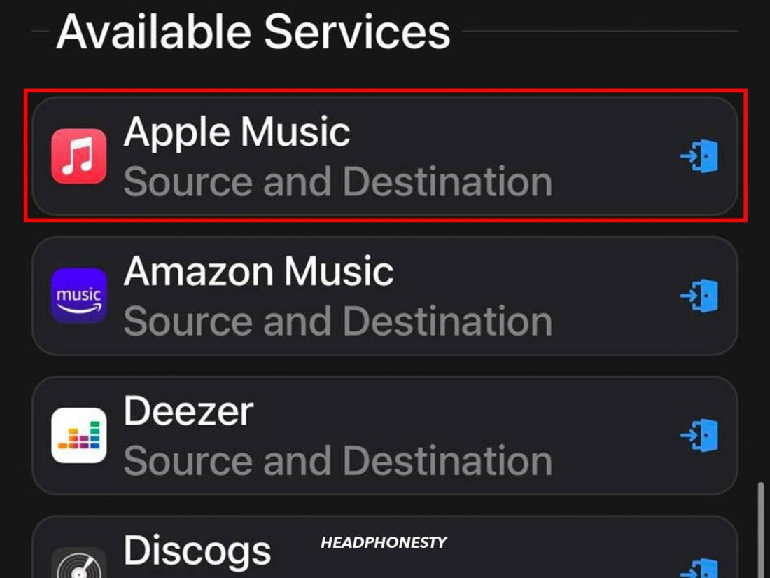 Selecting Apple Music from list of services