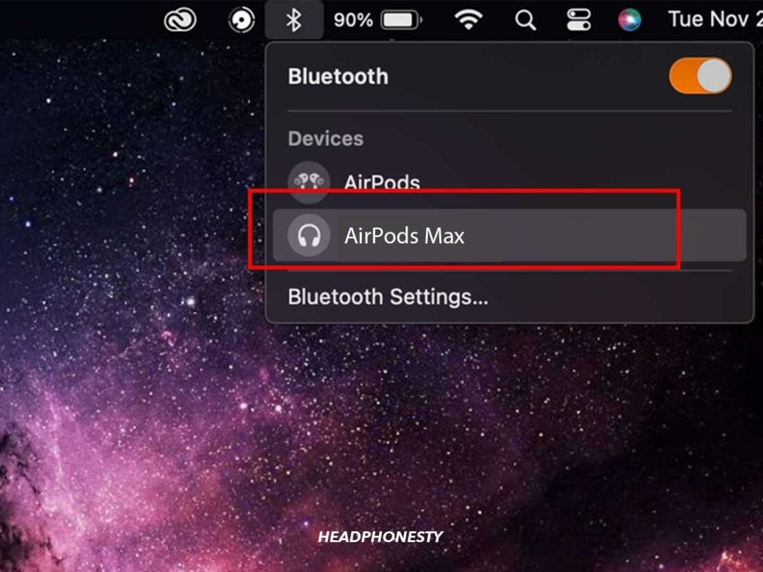 Selecting AirPods Max from list of Bluetooth devices