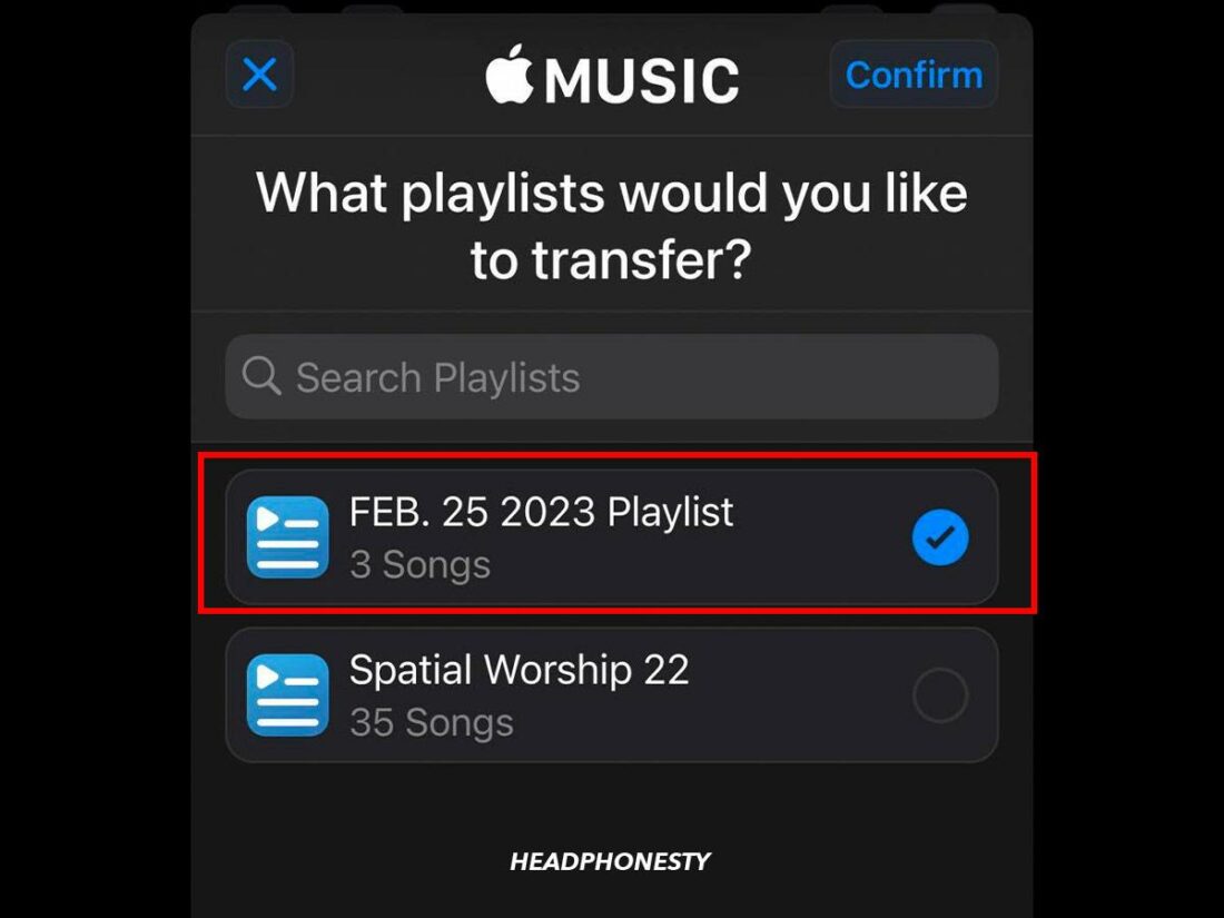 Choosing the playlist to transfer