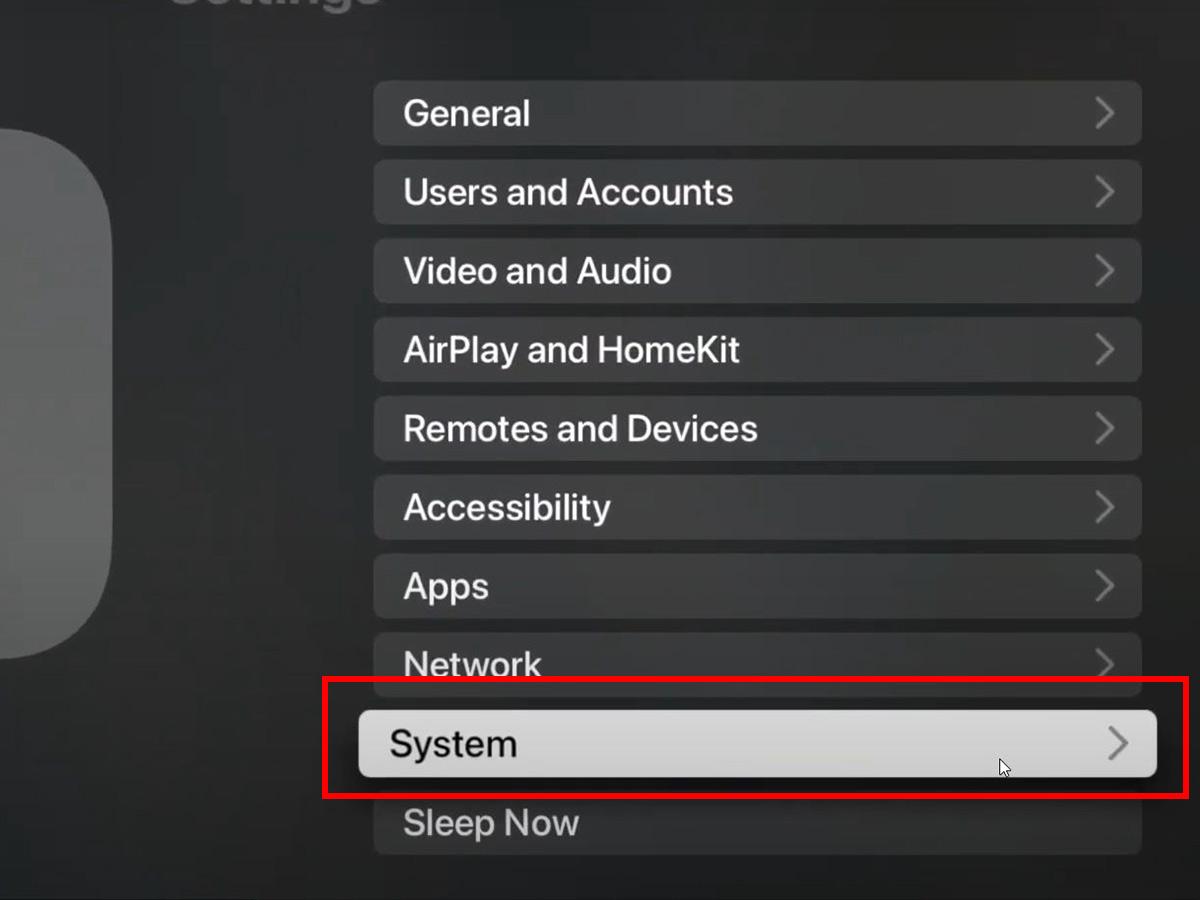Going to Apple TV's System settings (From: Youtube/Tech & Design) 