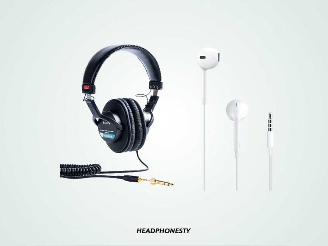 Close look at the Sony MDR7506 Wired Headphones and Apple EarPods (From: Amazon)