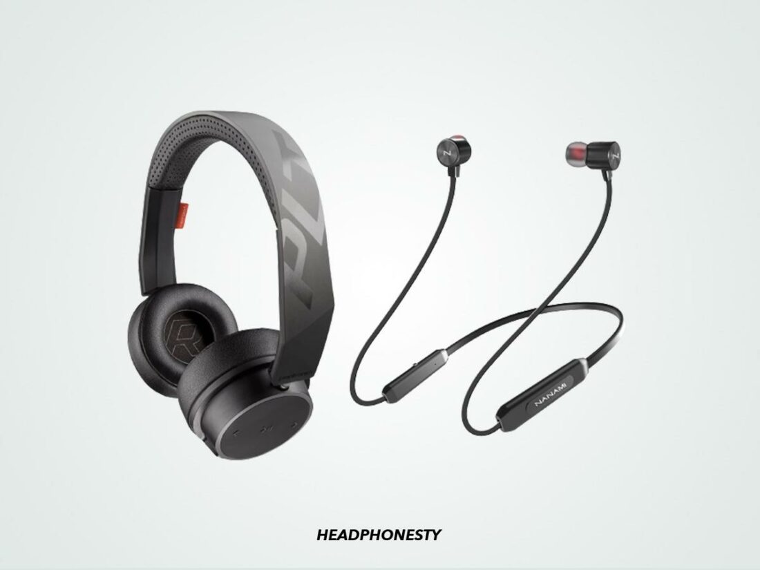 Close look at the Plantronics BackBeat FIT 500 Headphones and NANAMI Bluetooth Earbuds (From: Amazon)