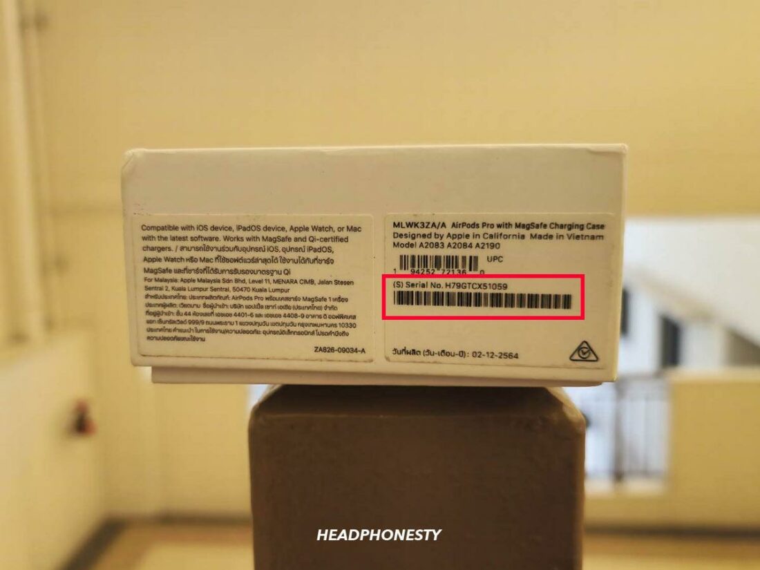 AirPods Pro Serial number location on its own box.
