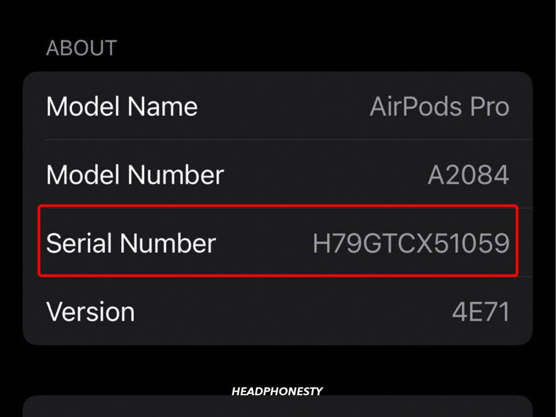 The model number, serial number, and version of an original AirPods Pro as seen after clicking the 'i' icon