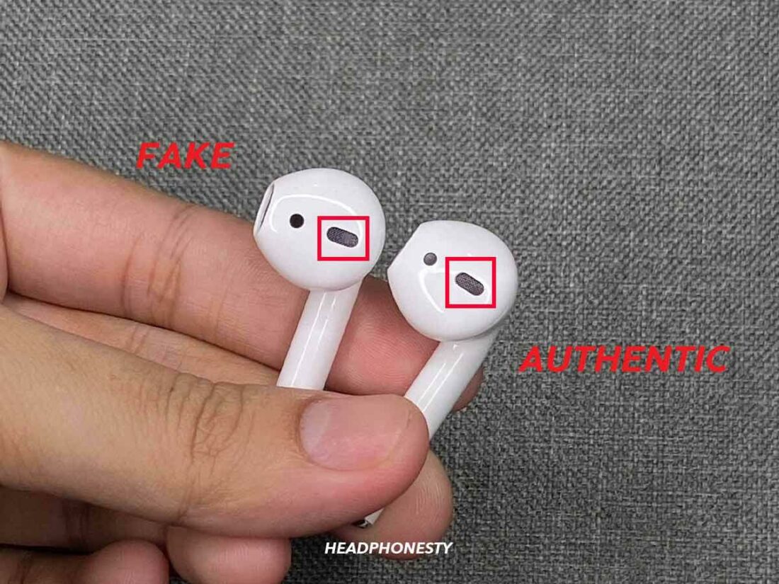 The sound diffuser on the fake AirPods has some flat surface, compared to the full grills of the Authentic pair