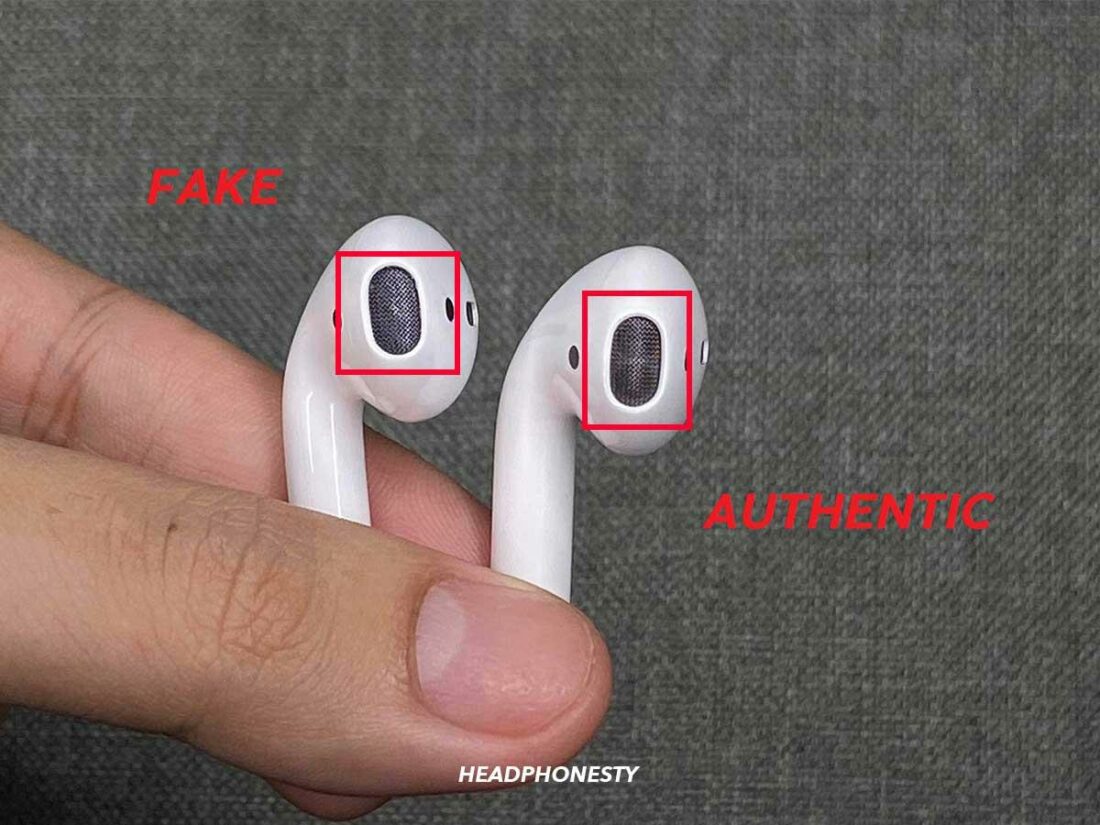 The two circular speakers aren't visible in the speaker grills of fake AirPods.