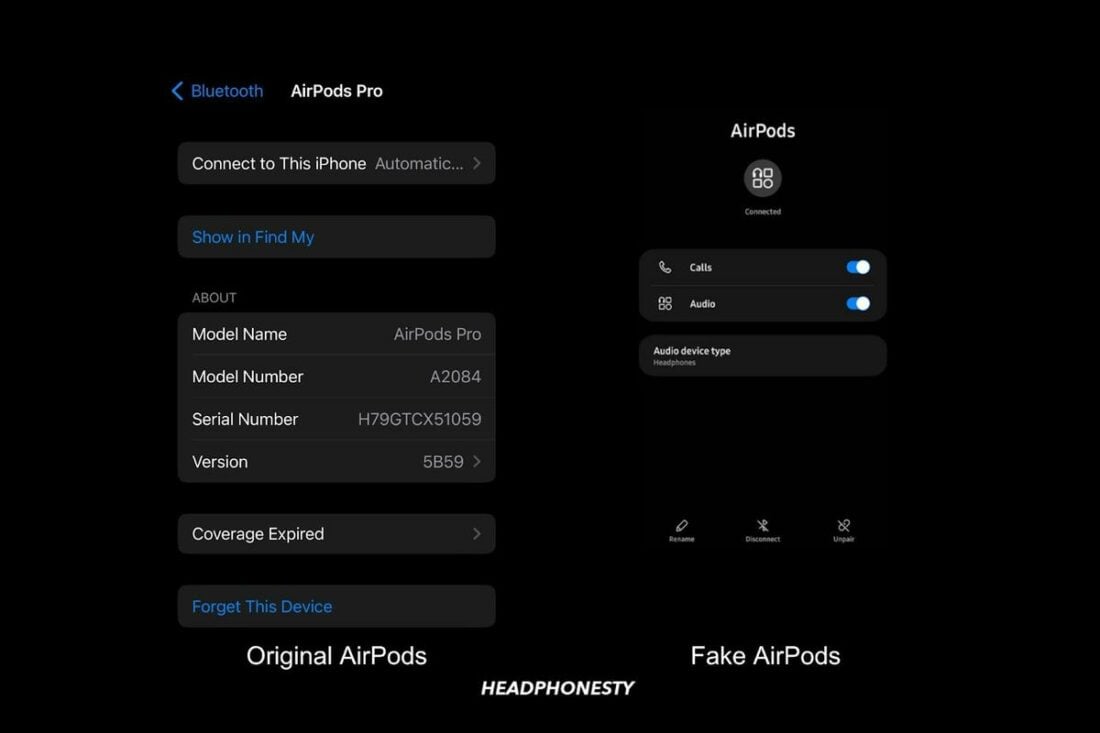 Comparison of original and fake AirPods' More info screen