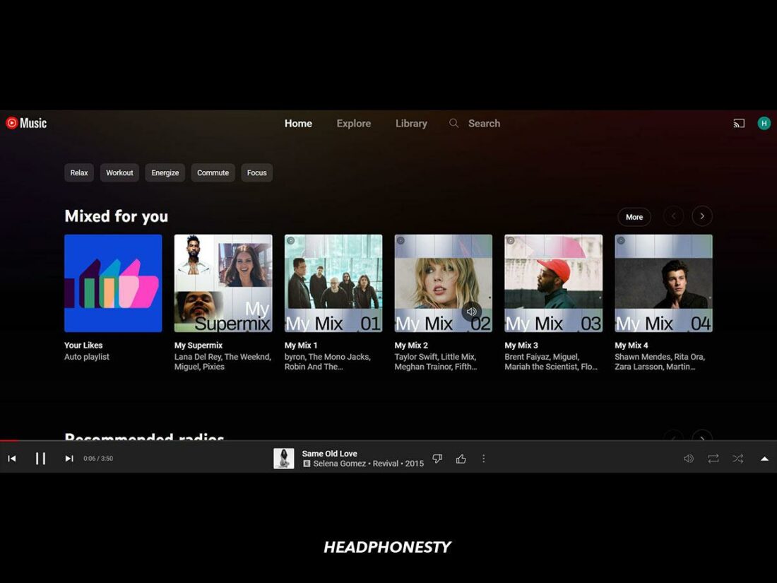 YouTube Music's desktop app interface.