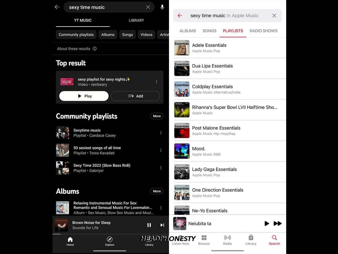 Search functions on YouTube Music and Apple Music.