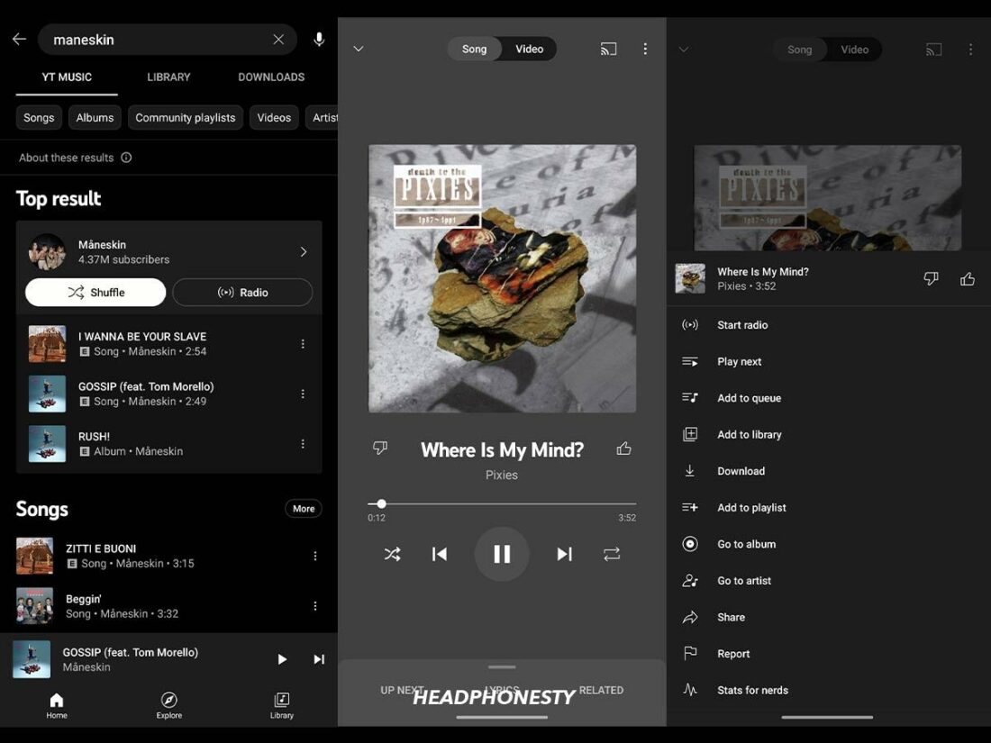 YouTube Music's 'Now Playing' screen.