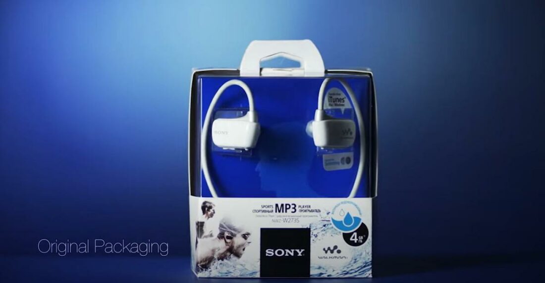 The original packaging of the Sony Walkman W Series (From: Youtube/FCB Global https://www.youtube.com/watch?v=8ULsPAJ1p6s)