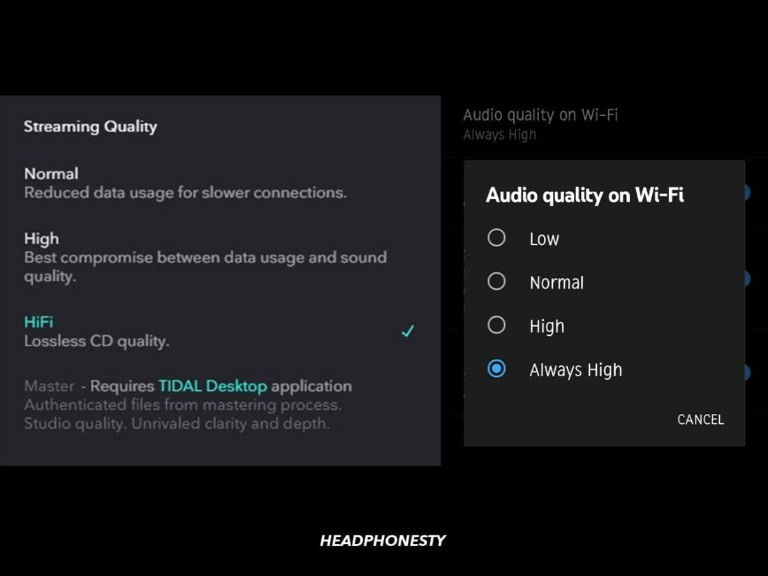 Audio quality settings on Tidal and YouTube Music.