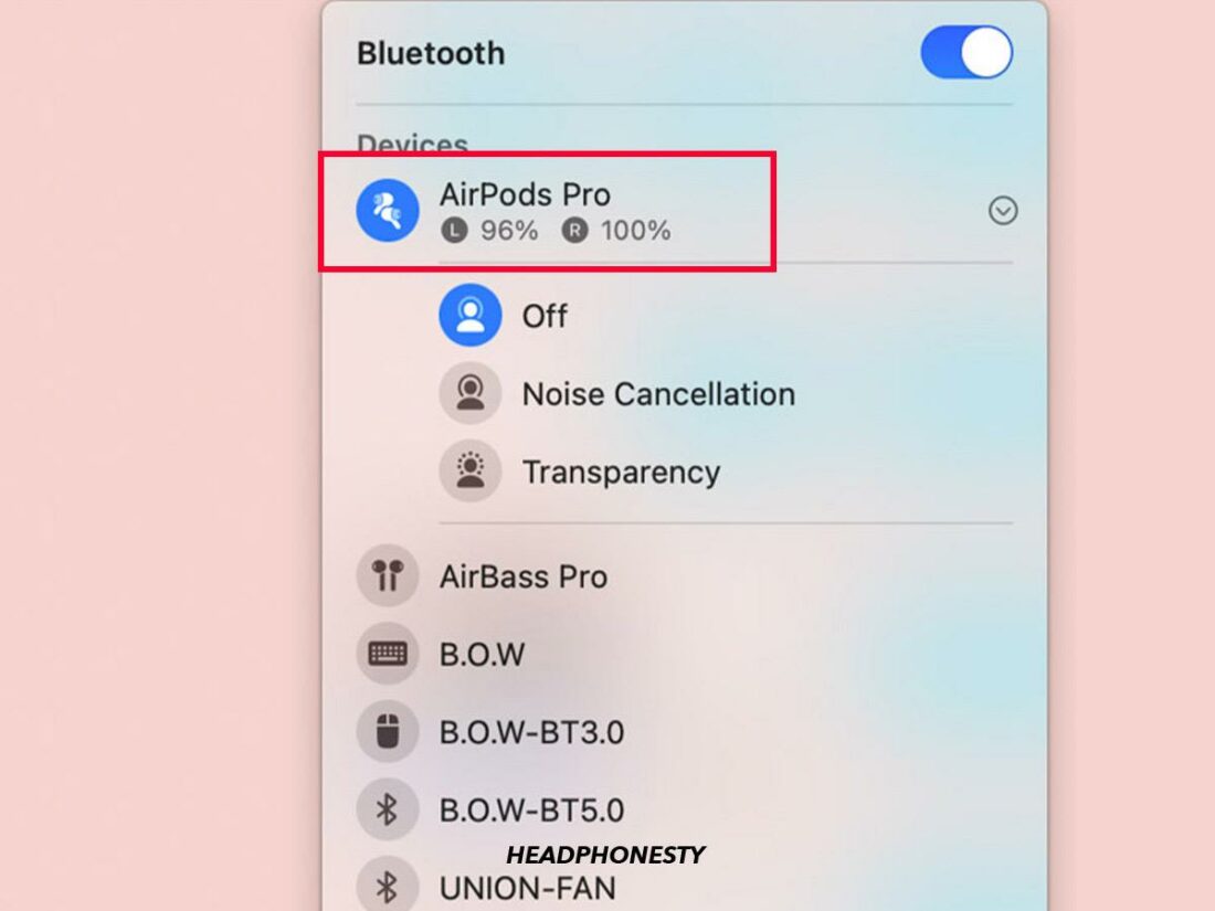 AirPods battery status on Mac book.