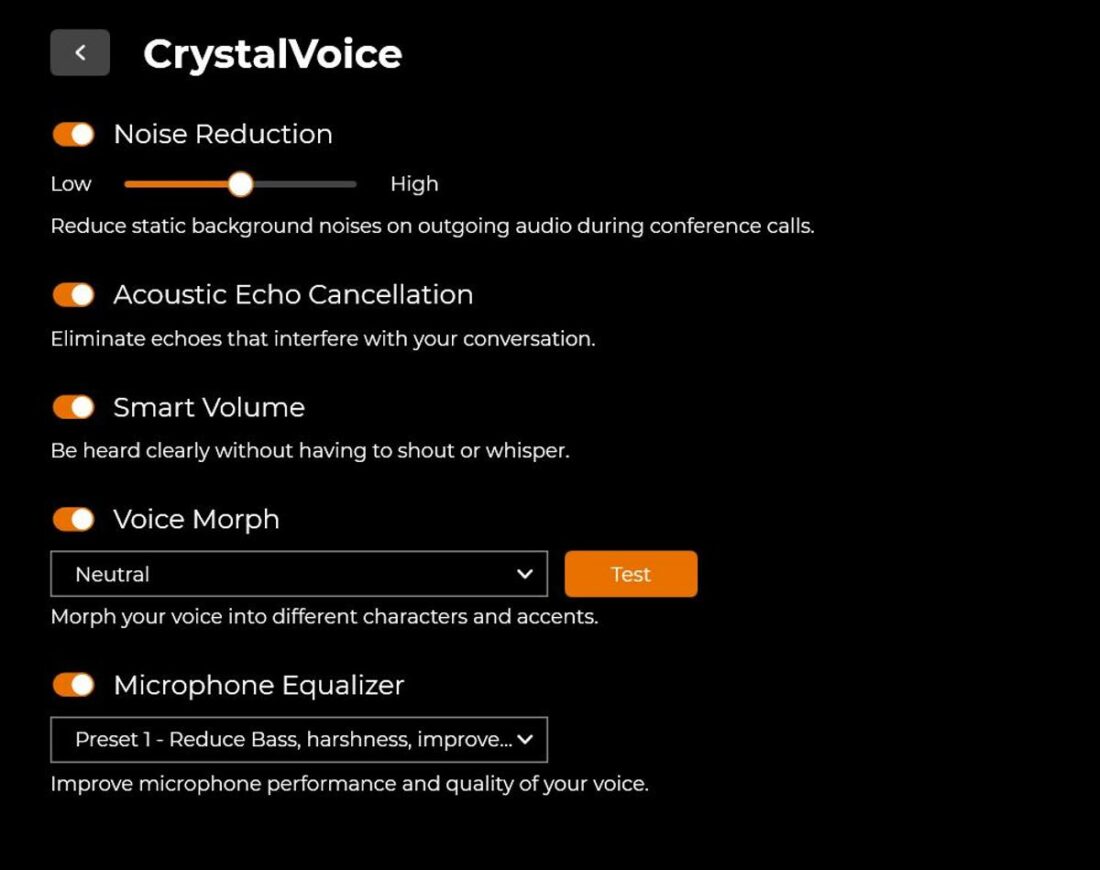 The CrystalVoice tab is especially useful for improving the transmission for voice calls or teleconferencing, and is an invaluable tool for those who work from home!