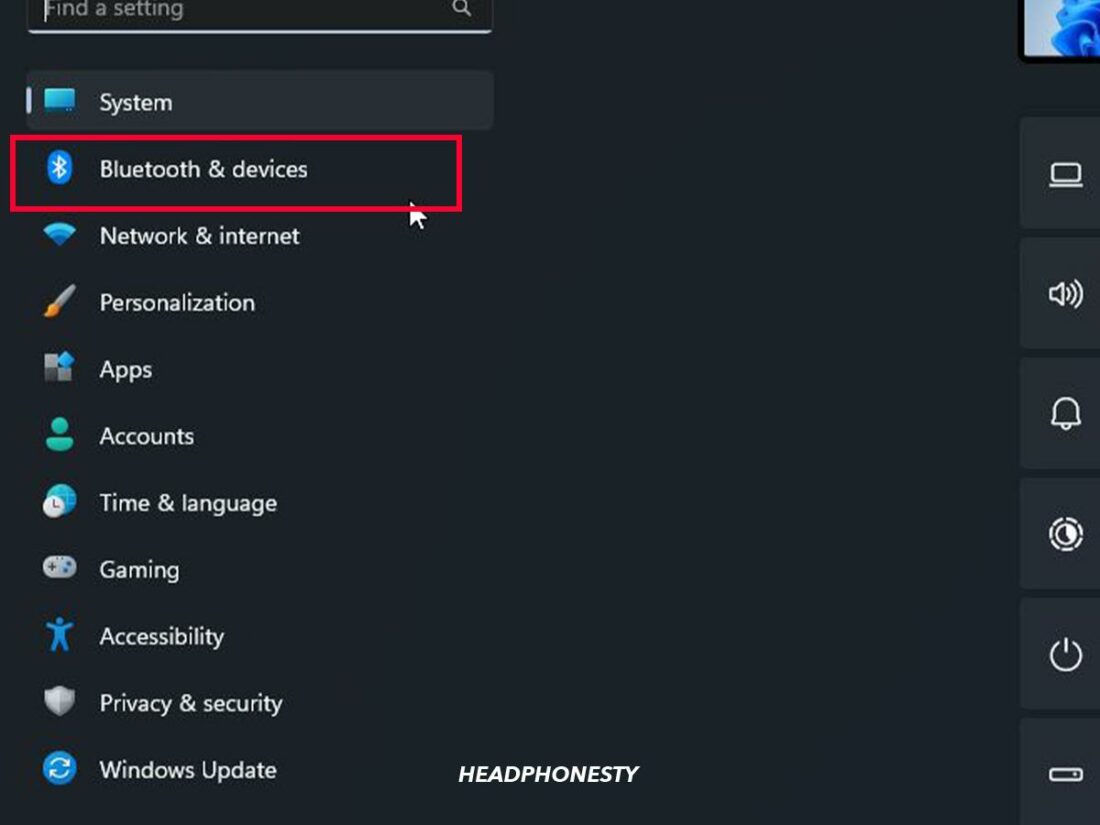 Choosing Bluetooth & devices on on Windows 11