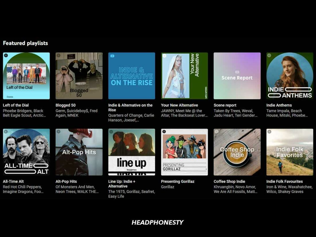A cross section of Indie playlists on YouTube Music.
