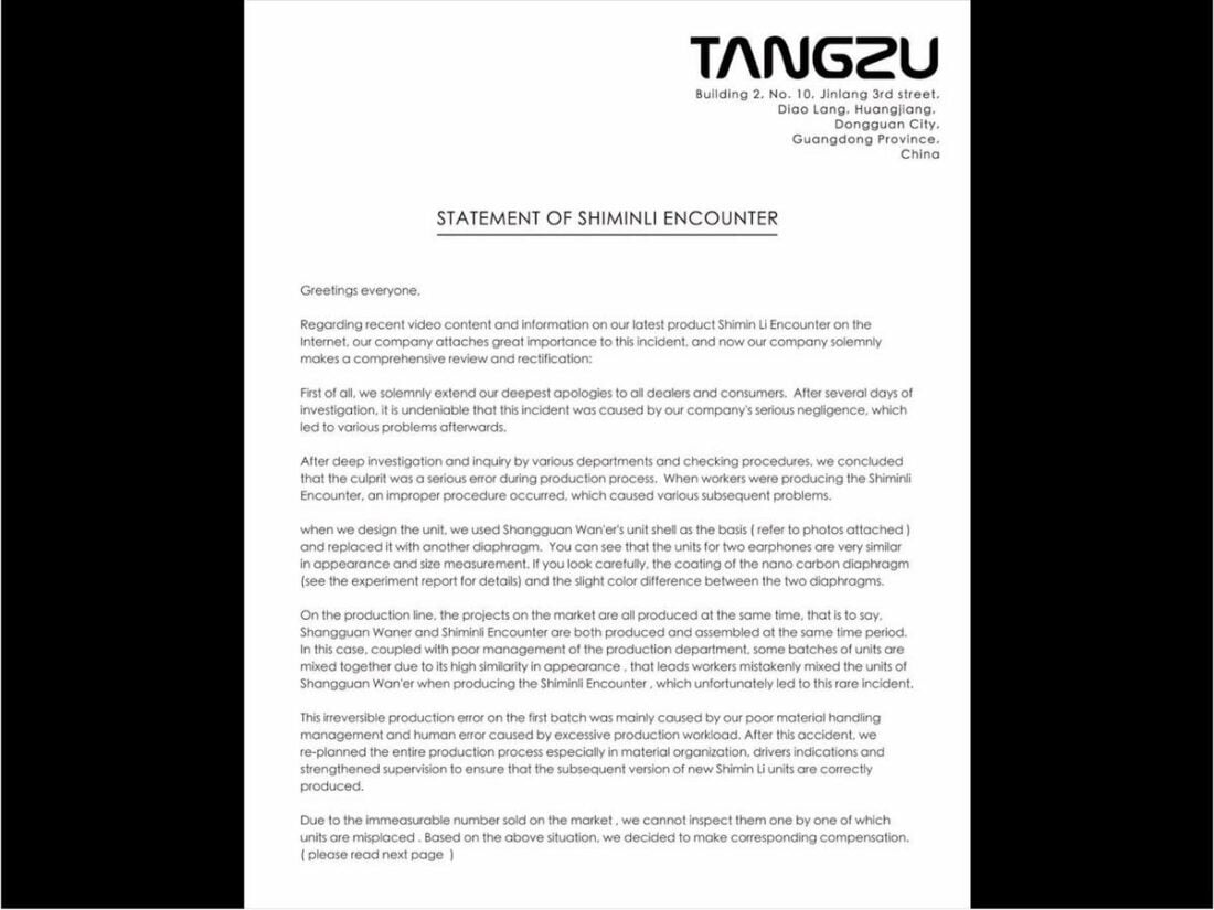 TangZu released an apology statement following Hi-Fri's claims. (From: Facebook/TangZu)