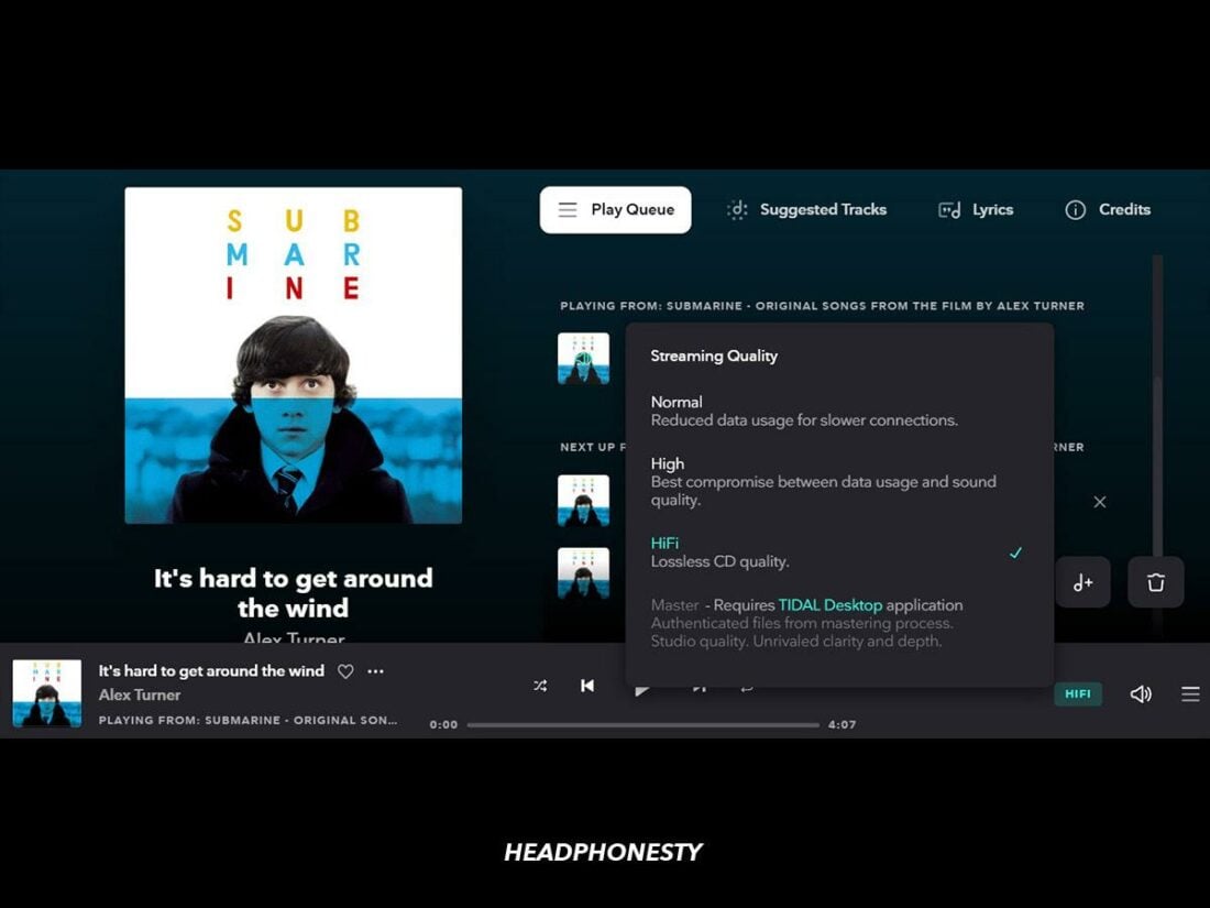 Tidal lets users tweak their audio quality settings in the Now Playing tab.