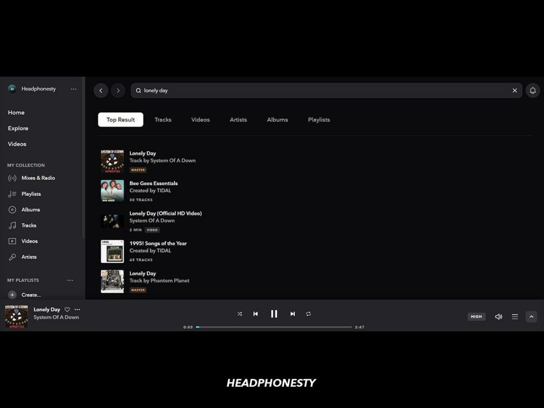 Tidal's search page lets you filter results.