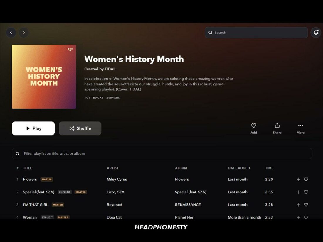 Tracks on Tidal's Women's History Month playlist.