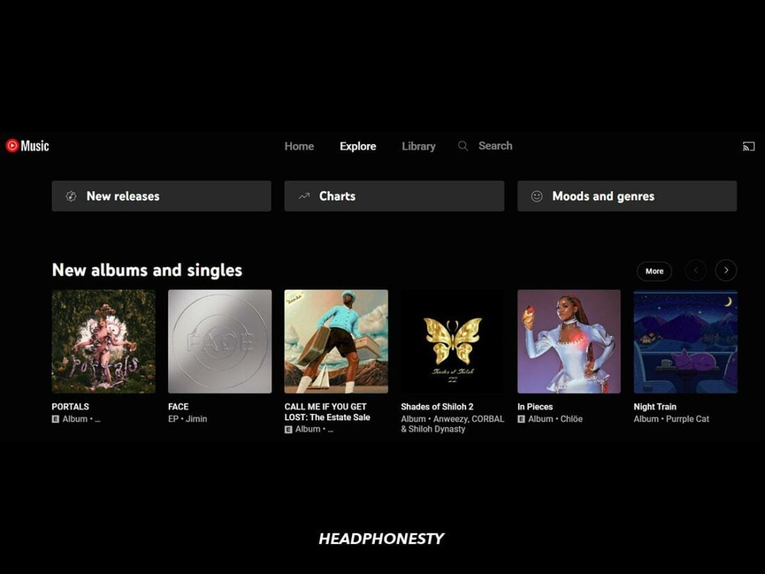 YouTube Music's Explore section hosts diverse genres and trending tracks.