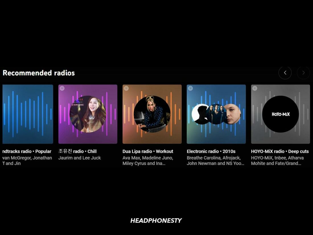 Recommended radio stations on YouTube Music.