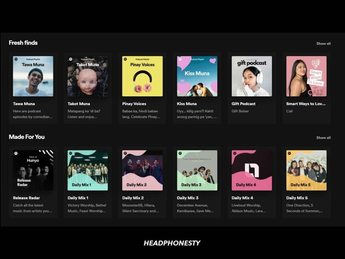 An image from Spotify showing Fresh finds and Made For You playlists.