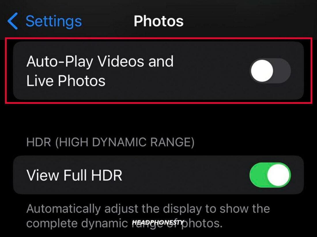 Auto-Play Videos and Live Photos turned off.
