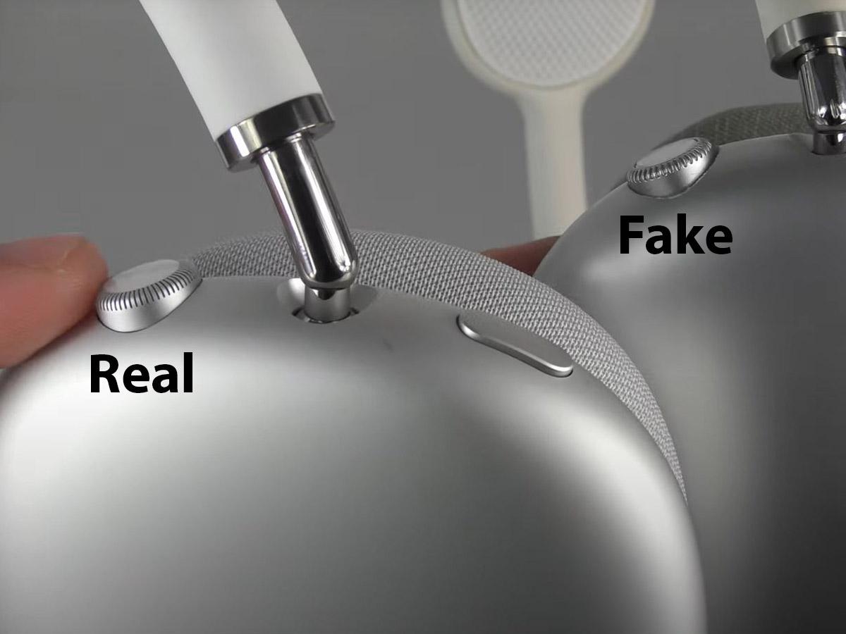 Real AirPods Max digital crown looks more polished than the fake's. (From: Youtube/Allsortzz)